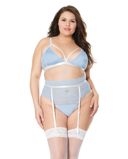 Scallop Stretch Lace Bra, Garter Belt & G-String Light Blue-White 2X