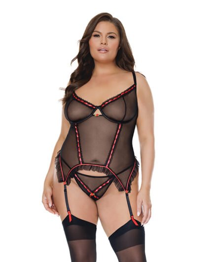 Mesh Underwire Garterbelt Bustier W-G-String Black 3X-4X