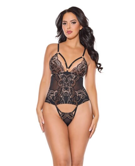 Lace And Mesh Teddy W-Removable Backless Panty – Black-Rose Gold SM