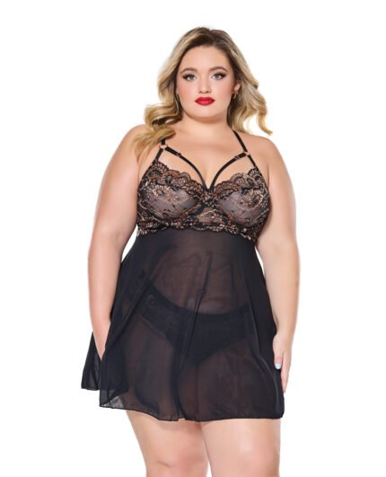 Lace And Mesh Underwire Babydoll W-Thong – Black-Rose Gold 1X-2X