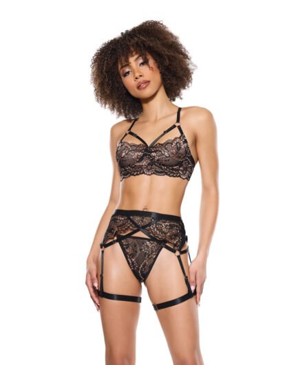 Lace Underwire Bralette W-Thong & Garter – Black-Rose Gold LG