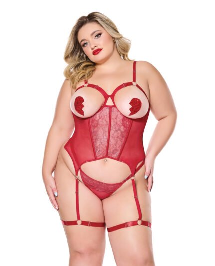 Metallic Stretch Scallop Lace And Mesh Bustier W-Thong – Red 1X-2X