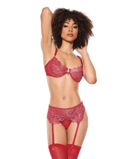 Metallic Stretch Lace Underwire Bra W-Crotchless Garter Panty – Red MD