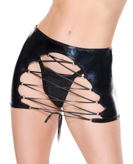 Darque Wet Look Reversible Lace Up Skirt – Black LG