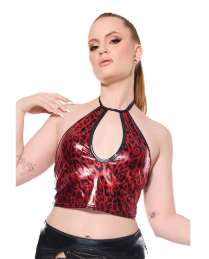 Darque Metallic Wet Look Keyhole Halter Top – Red-Black XL
