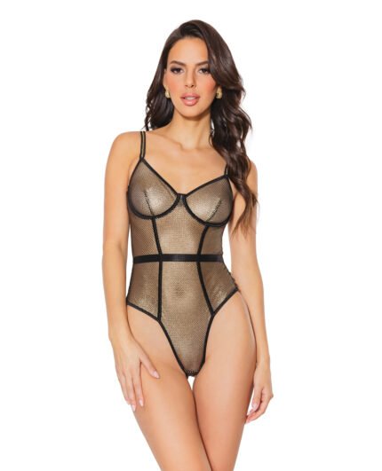 Holiday Metallic Fishnet Teddy W-Underwire Cups Black-Gold LG