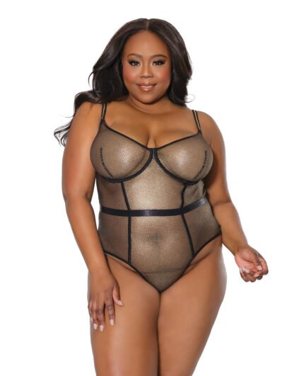 Holiday Metallic Fishnet Teddy W-Underwire Cups Black-Gold 1X-2X