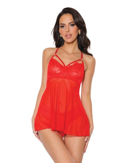 Holiday Scallop Stretch Lace & Mesh Babydoll & Thong Red-Gold XL