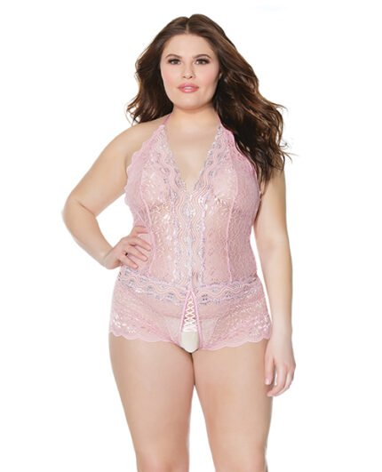 Crystal Pink Halter Crotchless Teddy Pink-Silver OS-XL