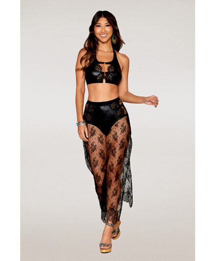 Stretch Faux Leather And Eyelash Lace Bralette W-High-Waisted Panty – Black XL