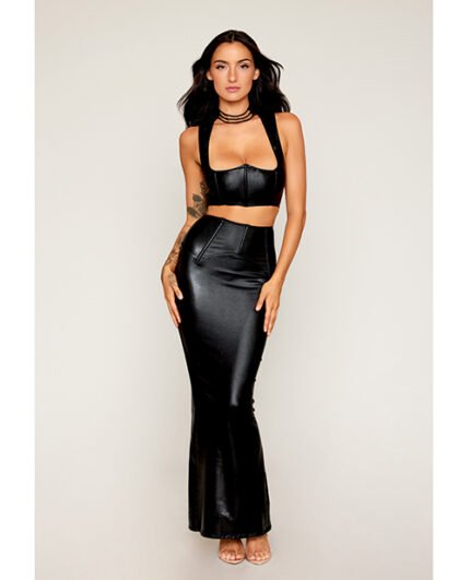 Stretch Faux Leather Harness Bra & Long Slip Skirt – Black MD