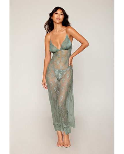 Eyelash Lace & Satin Long Chemise W-G-String – Sage Green SM