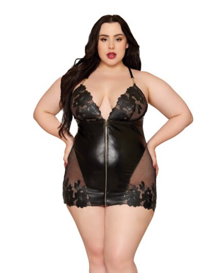 Embroidered Stretch Faux Leather And Mesh Chemise – Black 1X