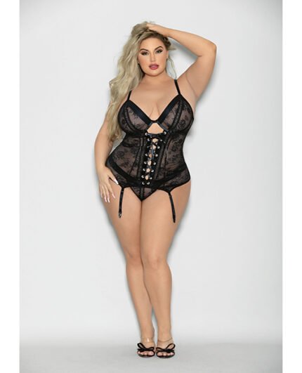 Flame Fetish Soulmate Lace Up Bustier & Wide Band Thong Black 1X-2X