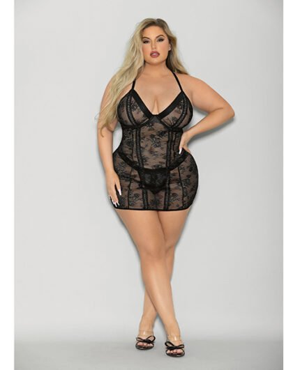 Flame Fetish Boss Lady Lace Up Back Chemise & Wide Band Thong Black 1X-2X