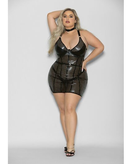 Flame Fetish Mistress Lasercut Lattice Chemise W-Choker & Thong Black 1X-2X