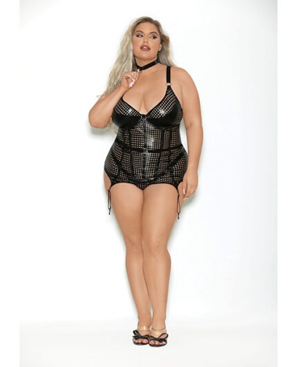 Flame Fetish Femme Fatale Lasercut Lattice Bustier W-Choker & Thong Black 1X-2X