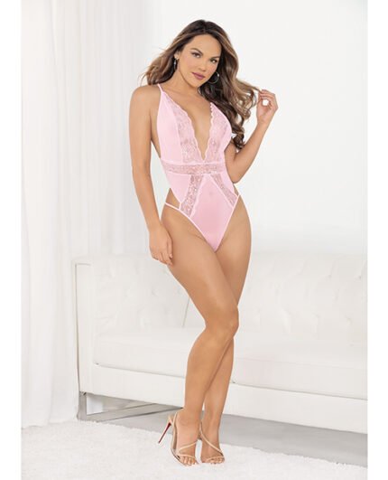 Sexy Lace Deep V Teddy W-Bow Pink LG