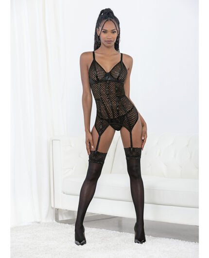 Honeycomb W-Vinyl Trim Bustier & G-String Black SM