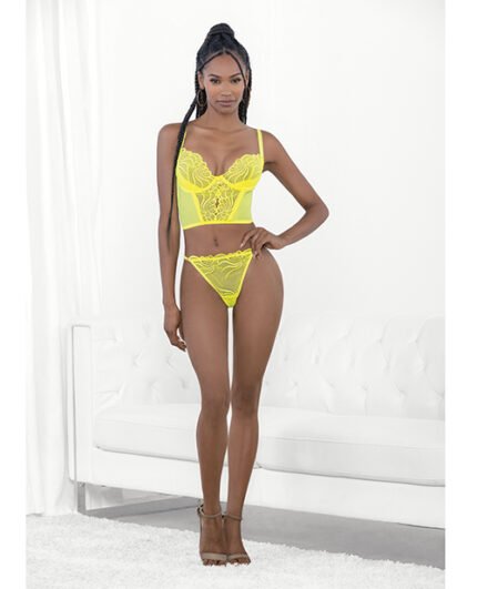 Neon Lace Corset Top W-Ring Accent & Panty Neon Lime XL