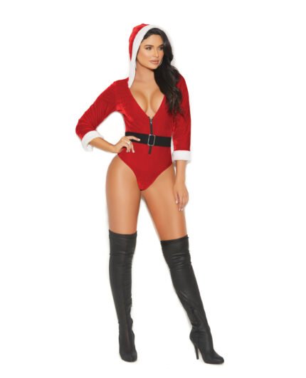 Santa’s Tease Deep V Velvet Teddy W-Detachable Elastic Belt – Red-White SM