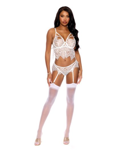 Victoria Eyelash Lace Underwire Bralette W-Garter Panty 2 Pc Set – White SM