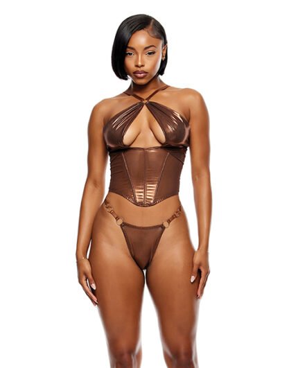 Liquid Metal Metallic Mesh Bustier W-G-String 2 Pc Set – Metallic Copper XL