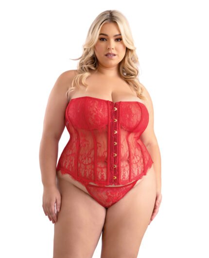 Eyelash Lace Corset W-G-String – Red 1X-2X