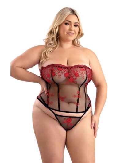 Floral Embroidered Mesh Corset W-G-String – Red-Black 1X-2X