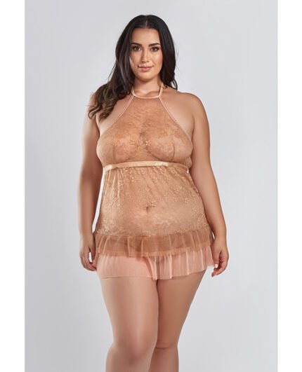 Amber Halter Lace Babydoll W-Tiered Pleated Mesh Skirt Hem & G-String Brown 1X