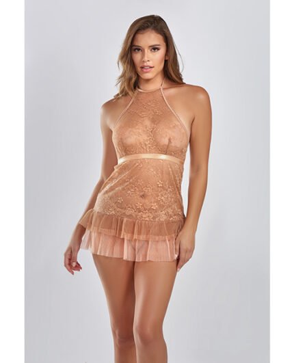 Amber Halter Lace Babydoll W-Tiered Pleated Mesh Skirt Hem & G-String Brown SM