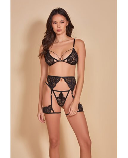 All Eyes On Me Eyelash Lace Bralette, Garterbelt & Strappy G-String Black MD