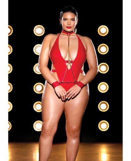 FETISH Submissive V-Plunge Vinyl Teddy W-Removable Chain Harness & Hand Red 1X-2X
