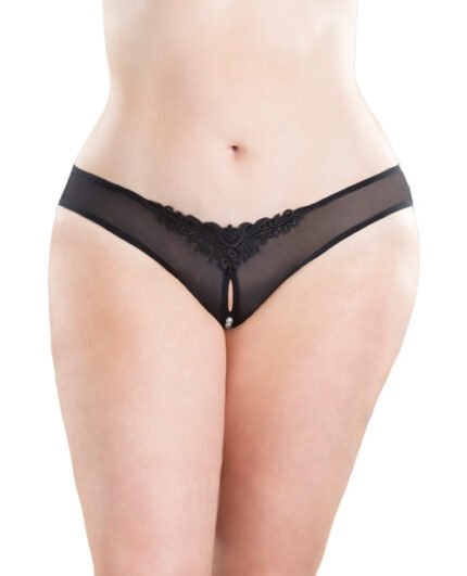 Crotchless Thong W-Pearls Black 1X-2X