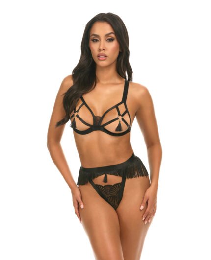 Annika Open Cup 2 Pc Set W-Fringe And Tassel Detail – Black S-M