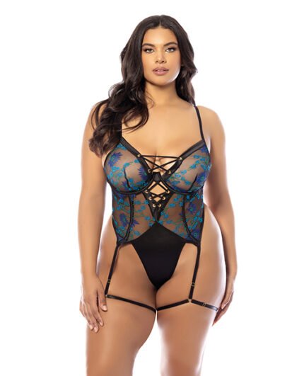 Lola Unlined Underwire Embroidered Teddy W-Attached Garter Stays – Black 1X