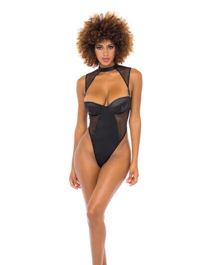 Josephine High Leg Teddy W-Removable Fishnet Collared Harness Black SM