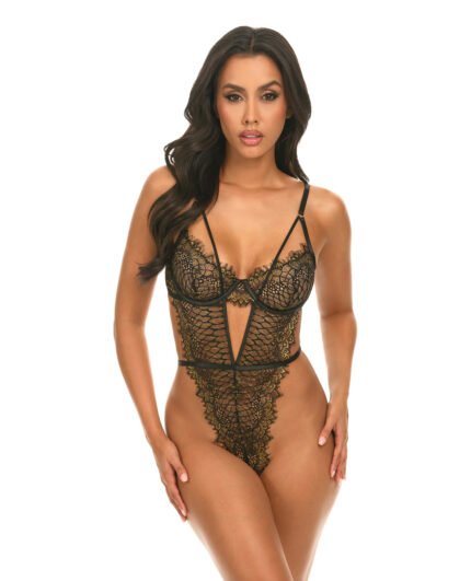 Greta Snake Eyelash Lace Teddy – Black-Gold MD