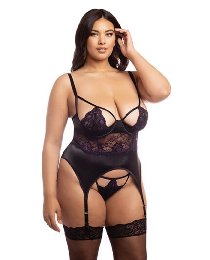 Demi Padded Shelf Cup Merrywidow W-Overlay Lace & Panty Black-Heliotrope 1X