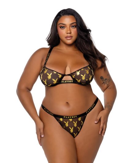 Playboy Gold Foil Mesh & Satin Bralette W-Thong 2 Pc Set – Black-Gold 1