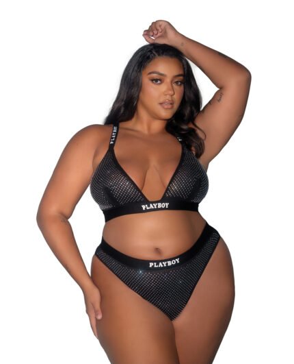 Playboy Disco Fever Rhinestone Bralette W-Thong 2 Pc Set – Black 2X