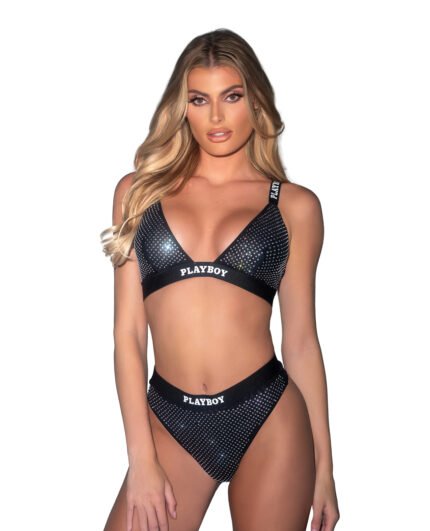 Playboy Disco Fever Rhinestone Bralette W-Thong 2 Pc Set – Black SM