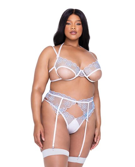 Holiday Snow Queen Metallic Snowflake Embroidered Bra & High Waisted Thong Blue-White 1X