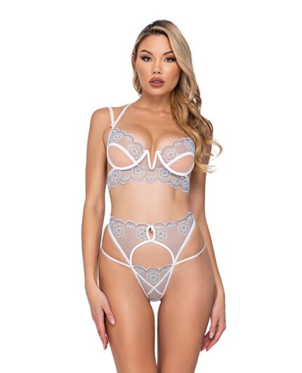 Holiday Snow Queen Metallic Snowflake Embroidered Bra & High Waisted Thong Blue-White XL