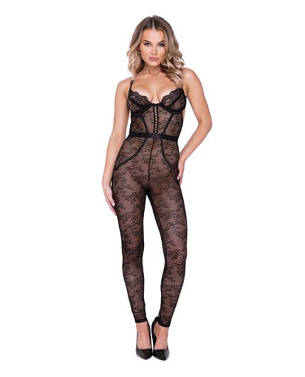 Chantilly Stretch Lace Sleeveless Catsuit W-Satin Trim Black XL