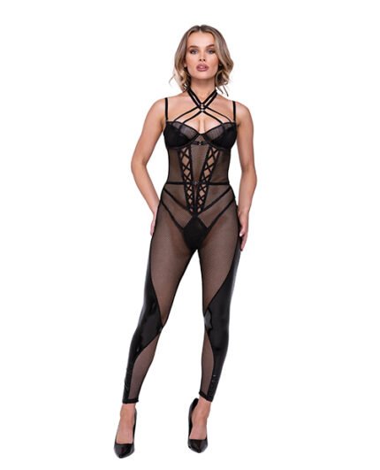 Flirty FETISH Fishnet & Faux Leather Catsuit W-Satin Trim Black XL