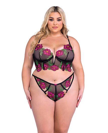 Peony Paradise Underwire Bralette & G-String – Black 2X