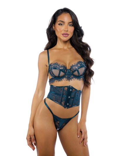 Eden Scalloped Eyelash Lace & Wet Look Waspie 3 Pc Set – Teal XL