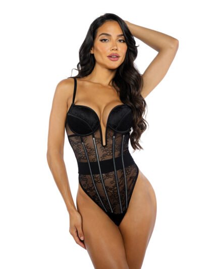 Belle Noir Chantilly Lace And Satin Teddy – Black SM