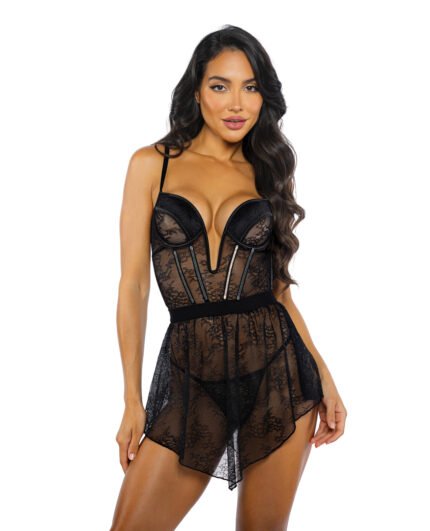 Belle Noir Chantilly Lace And Satin Garter Skirt 3 Pc Set – Black XL